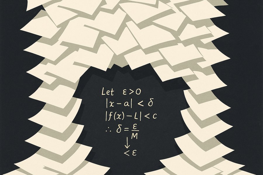 A single small chalk-written proof on a chalkboard being buried under an avalanche of blank white paper sheets