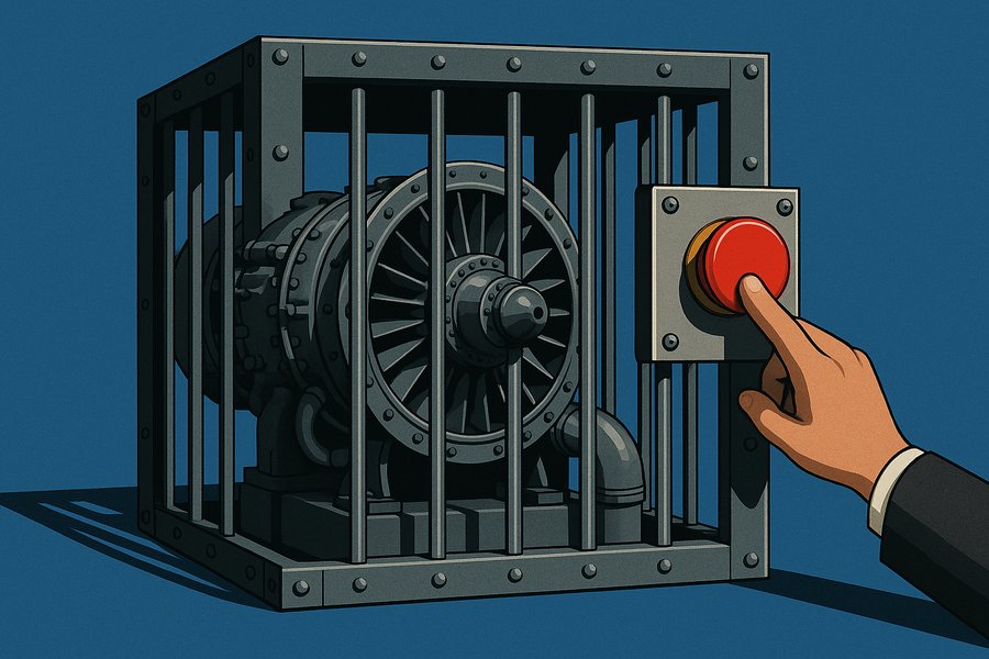 A powerful caged machine turbine behind heavy steel bars with a single large fire-engine-red emergency stop button mounted on the cage, a human hand resting beside it
