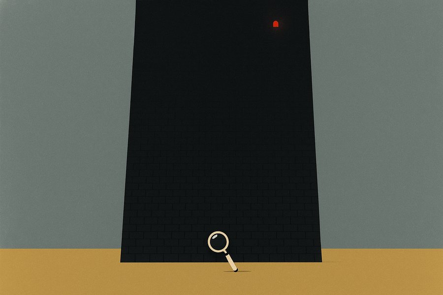 A tiny magnifying glass inspecting one brick at the base of a vast black corporate tower, a single red warning light glowing far above