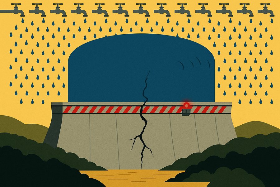 A cracking concrete dam straining under a reservoir filled drop by drop from thousands of tiny faucets