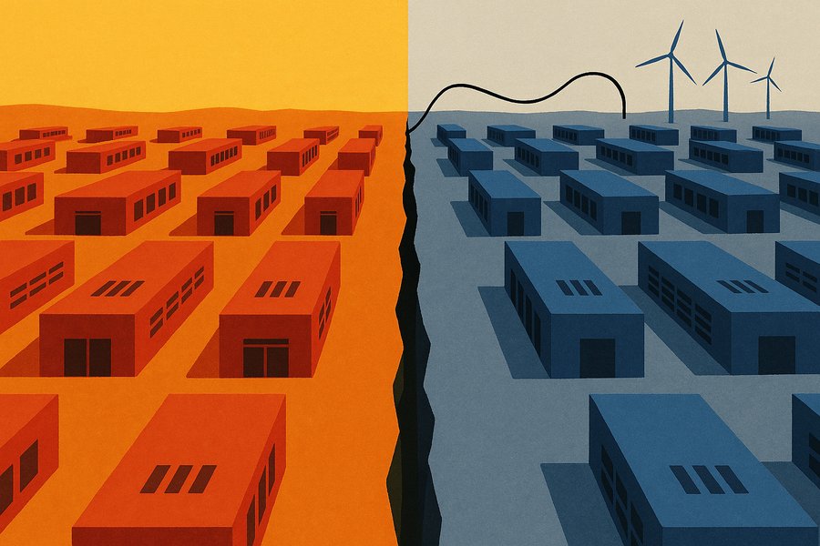A flat plain of identical data-center blocks splitting into a red half and a blue half along a central seam, with one slender cable crossing from the blue side to the red