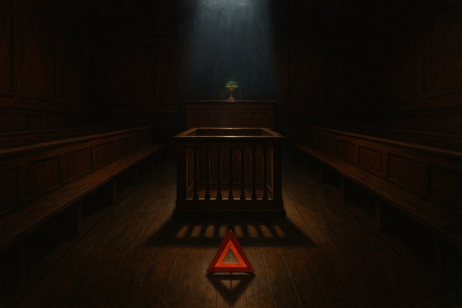 An empty oak defendant's dock in a shadowed courtroom, lit by a cold spotlight, with a small red warning triangle on the floor in front of it