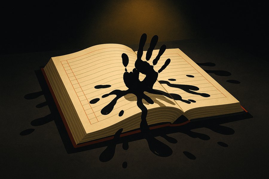 An open bound ledger on a dark desk with ink-black handprints climbing out of its ruled pages, as if something recorded inside had crawled free