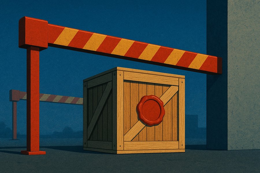 A lowered fire-engine-red customs barrier arm blocking a sealed wax-stamped crate from leaving, with an identical barrier in the hazy distance facing the opposite way