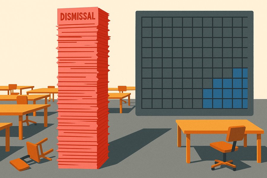 A towering stack of pink dismissal slips beside an empty office floor, next to a pegboard of tasks only one-sixth filled.