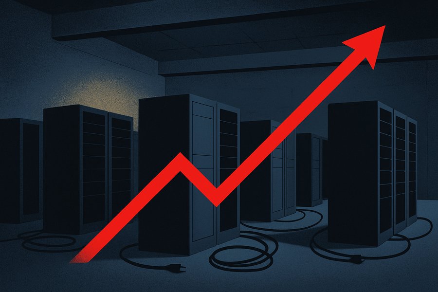 Rows of brand-new black server racks standing idle in a dark warehouse with power cables unplugged on the floor, as a steep red price line climbs across the scene.
