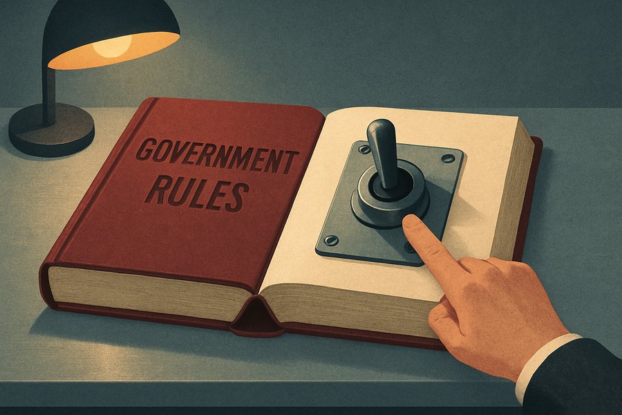 A heavy official rulebook lying open with a large physical on-off toggle switch mounted into the page, a hand flicking it to off.