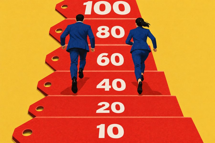 A descending staircase of price tags lit in fire-engine red against ice blue, each step lower than the last.
