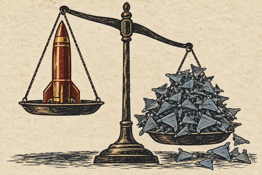 A balance scale tipped by a swarm of cheap tin drones outweighing a single ornate missile, in iron grey, slate blue, ochre and oxblood red.