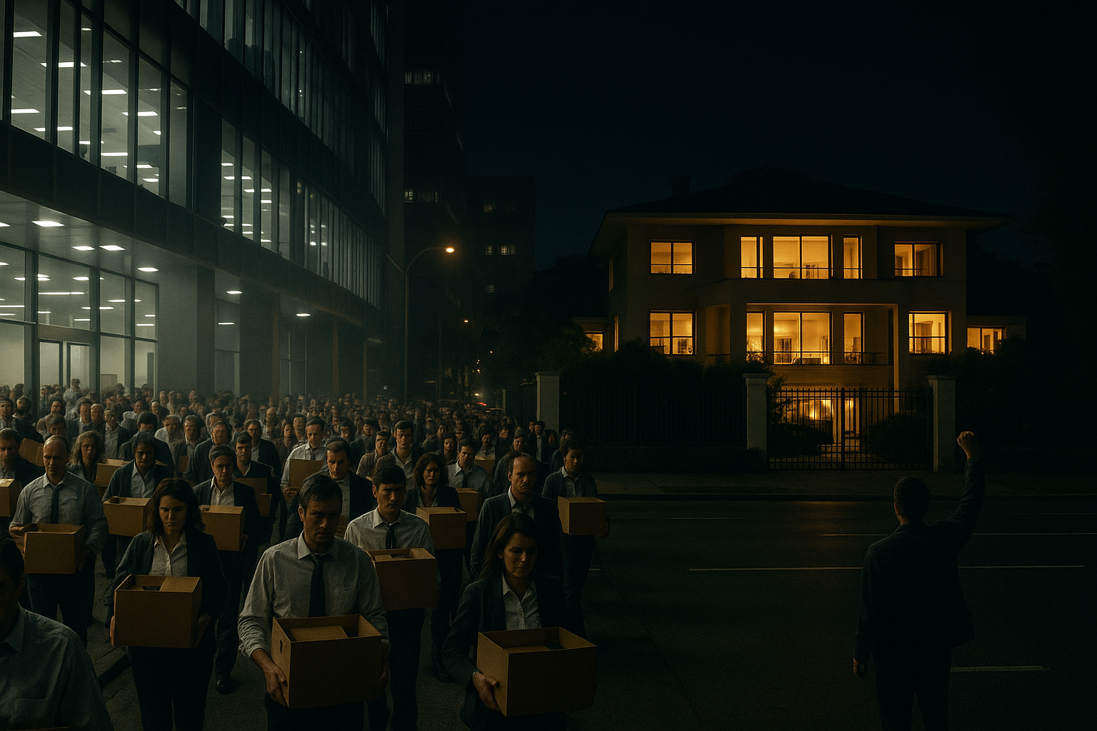 An empty office floor, chairs pushed in, personal items left on desks, the lights still on