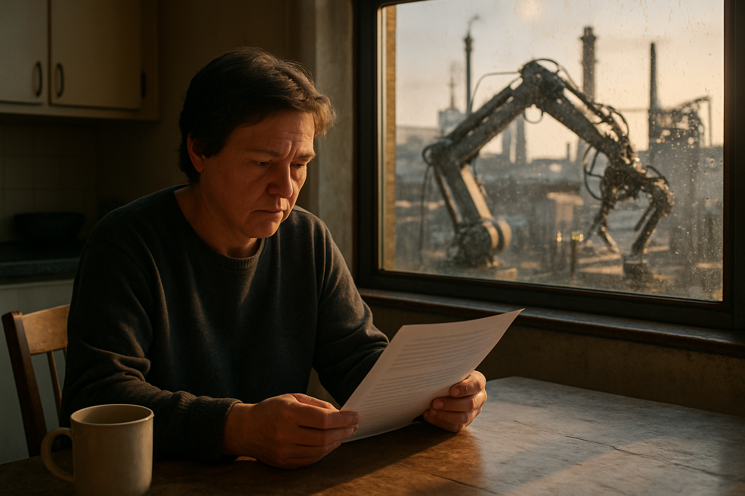 Worker watching a robot perform their former job, photorealistic, natural light through factory windows