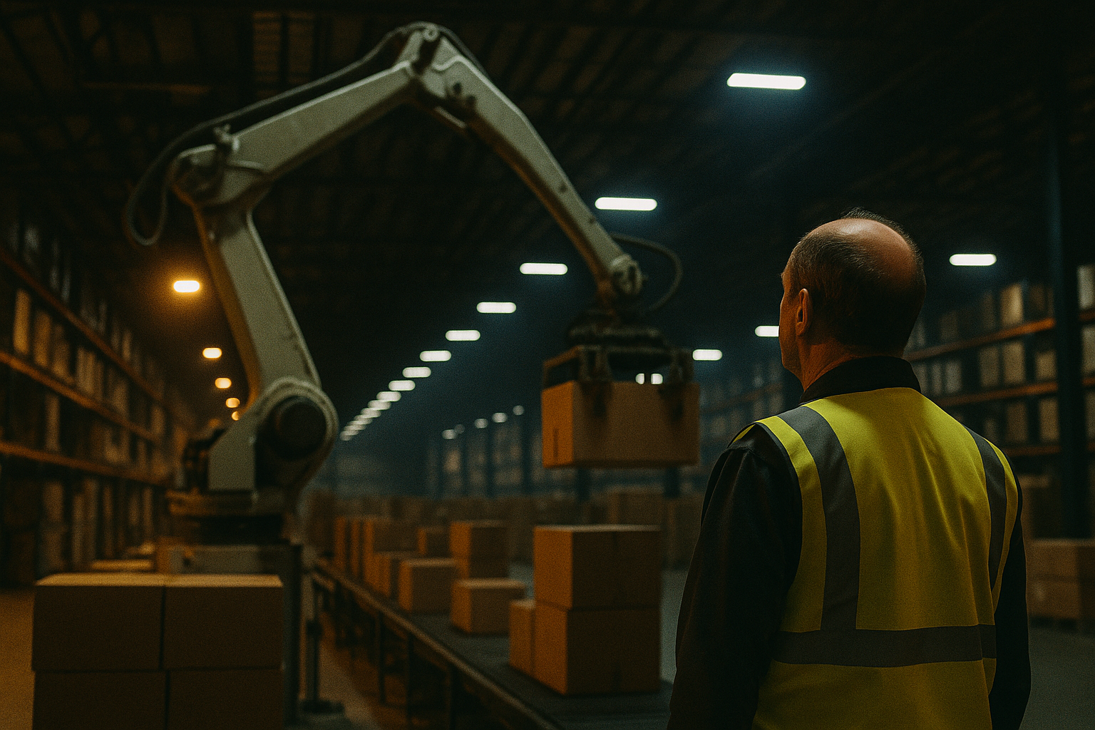 A lone worker in a warehouse looking up at a large robotic arm moving overhead