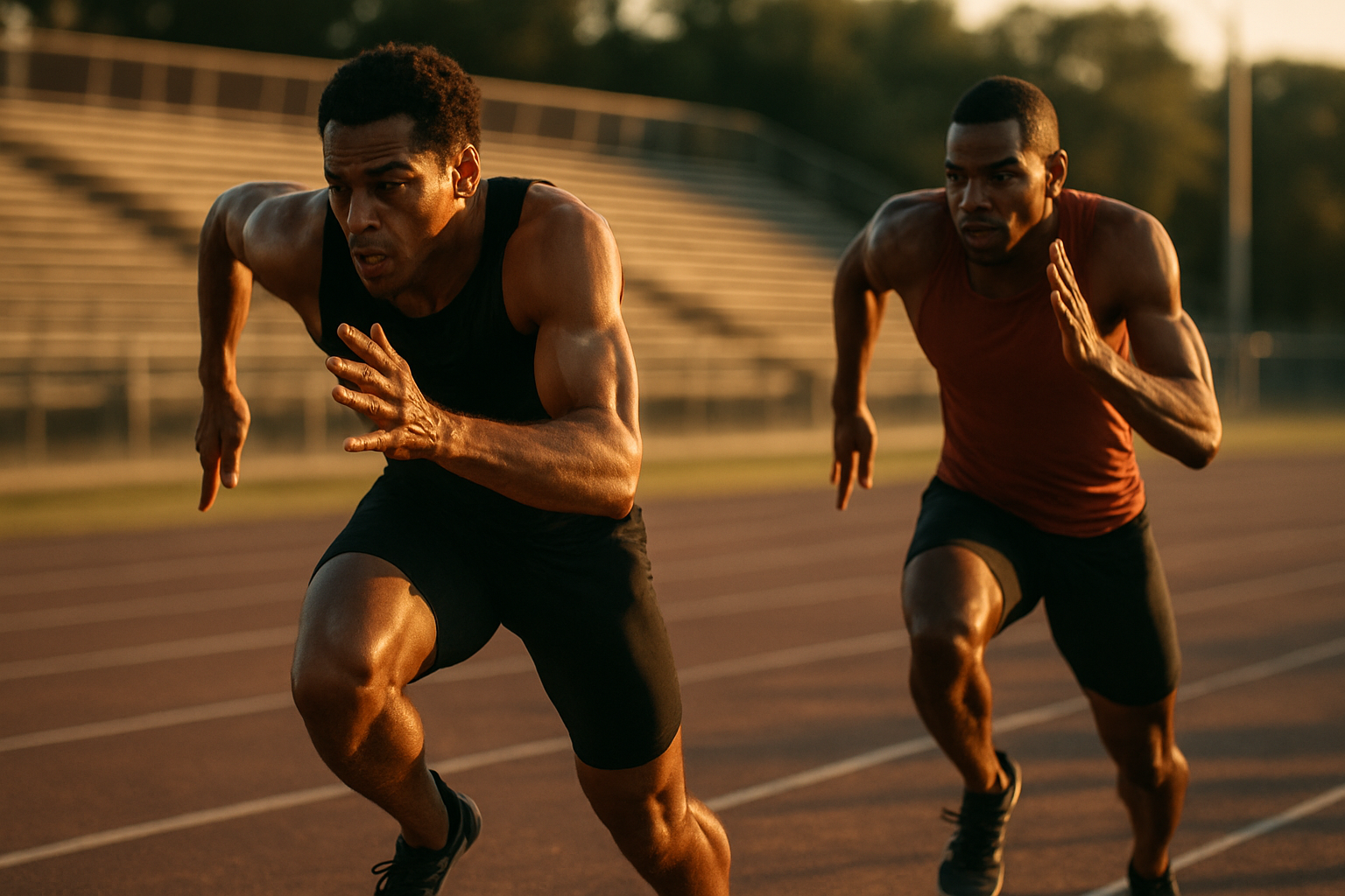 Two runners in a sprint race on a track, photographed from the side at dusk