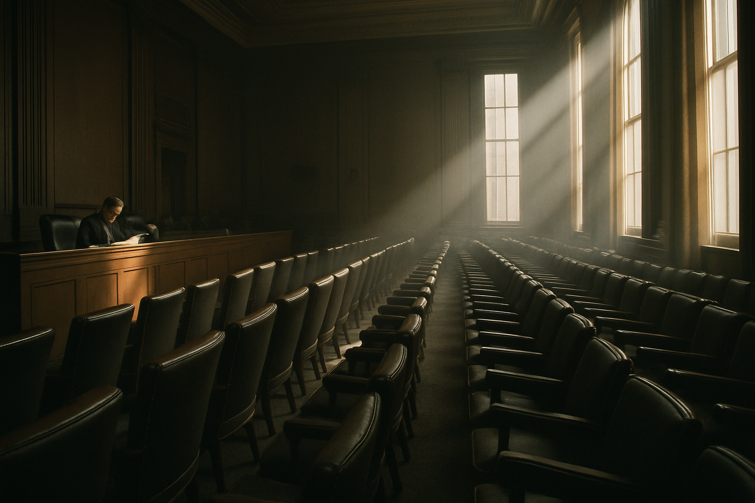 Empty legislative chamber with shafts of light falling across the seats