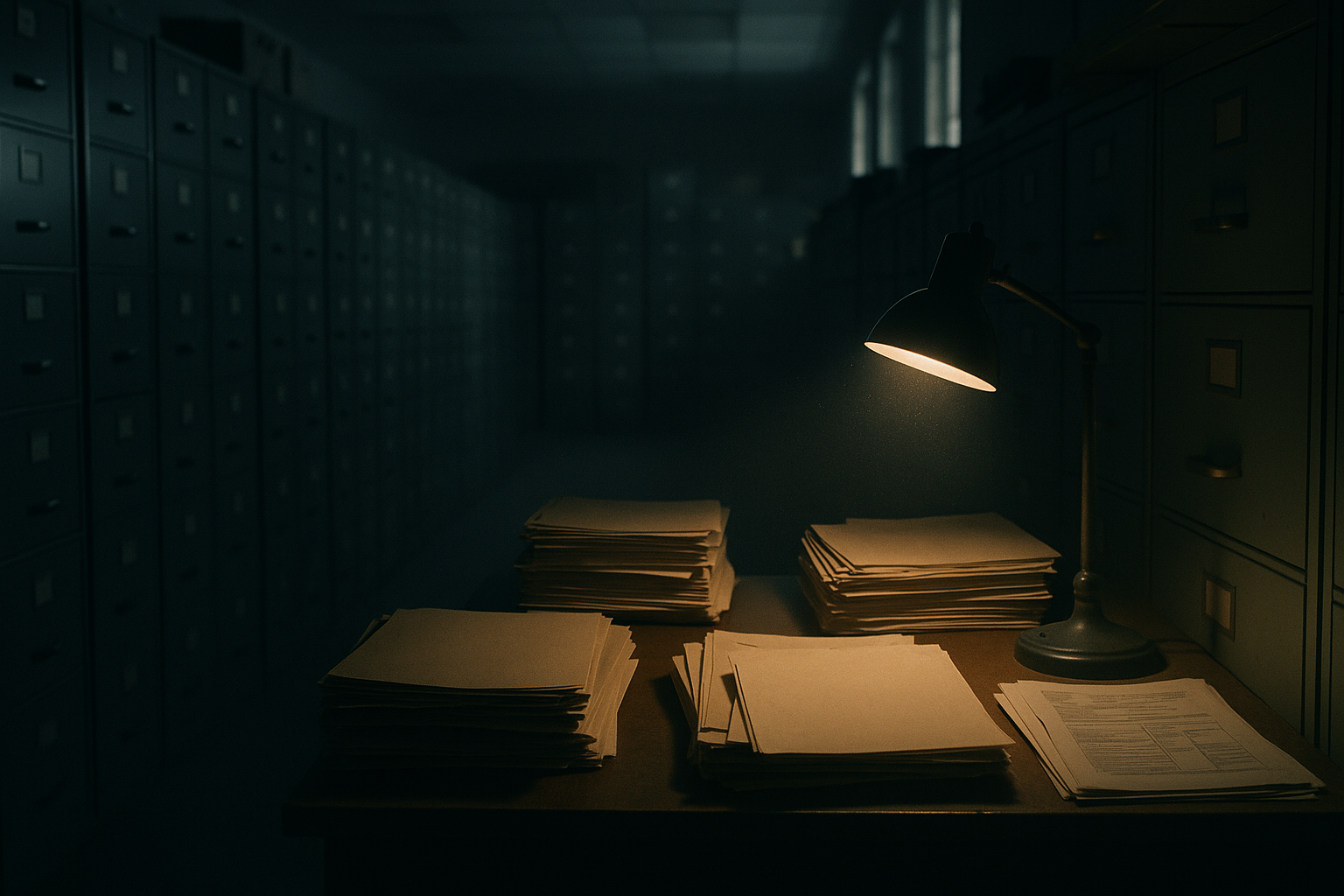 Archive shelves of classified documents and export control forms, dimly lit government office