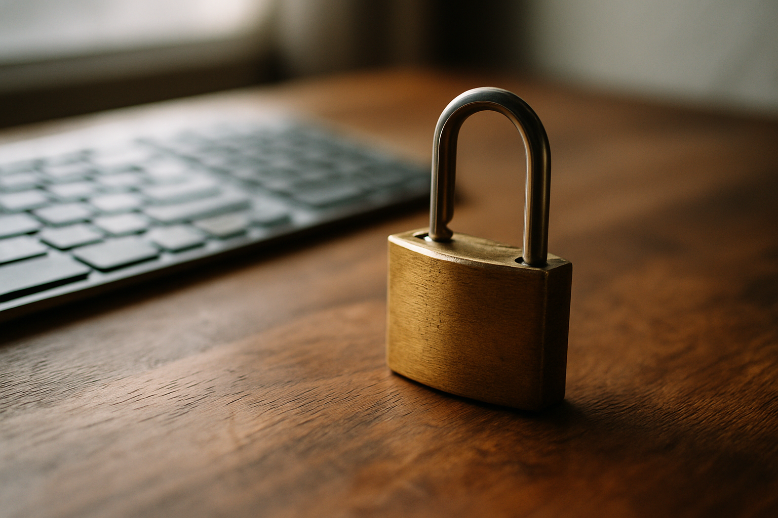 A padlock lying open on a keyboard, natural window light from the left, slightly asymmetric composition