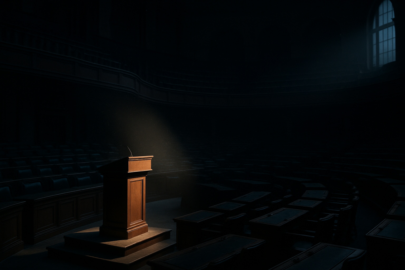 Empty legislative chamber at dusk, single spotlight on the podium, vast dark gallery behind