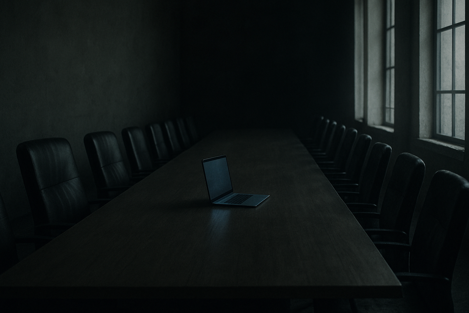 Empty boardroom table stretching into shadow, single laptop glowing at the far end
