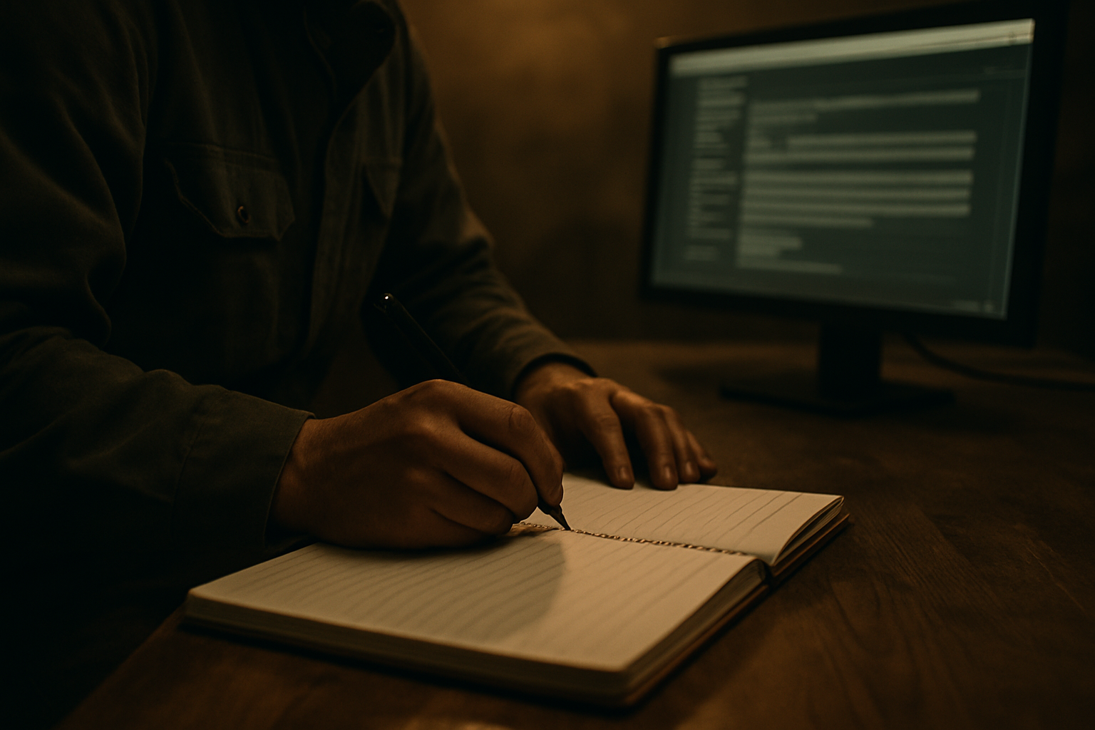 A worker's hands at a desk writing in a notebook, a computer terminal visible to the right, soft industrial lighting