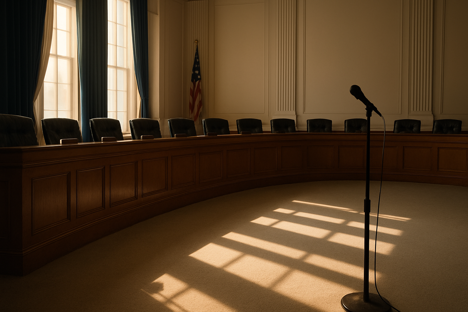 An empty Congressional hearing room, leather chairs at a long curved dais, morning light casting long shadows across the empty seats