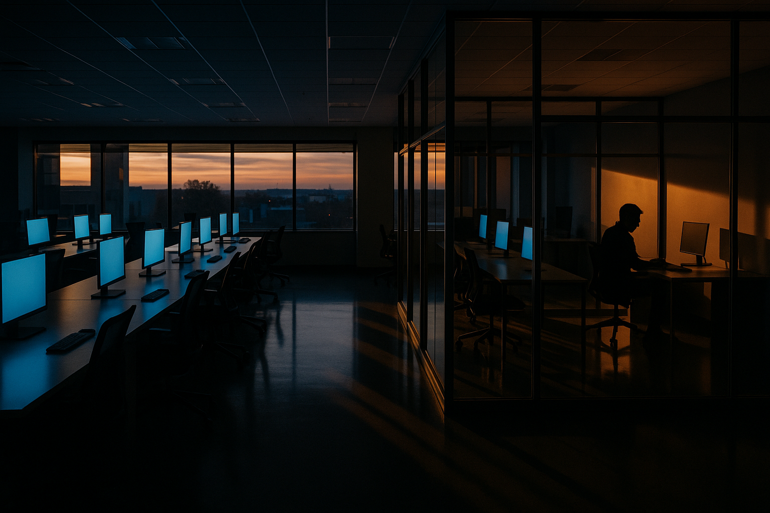 Empty open-plan office at dusk, glowing screens and a lone figure through glass