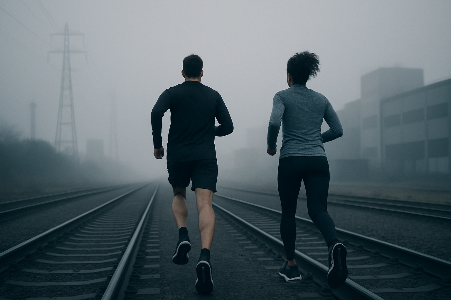 Two runners on adjacent tracks in grey industrial light, racing toward a horizon that disappears into fog