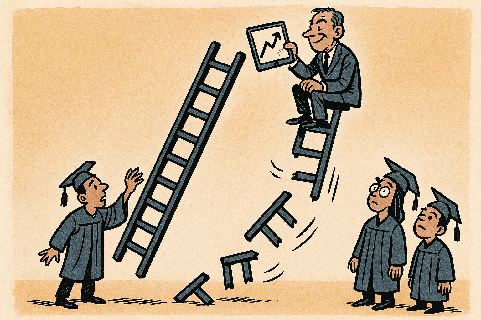 Editorial cartoon: graduates unable to reach a corporate ladder with its lower rungs sawed off