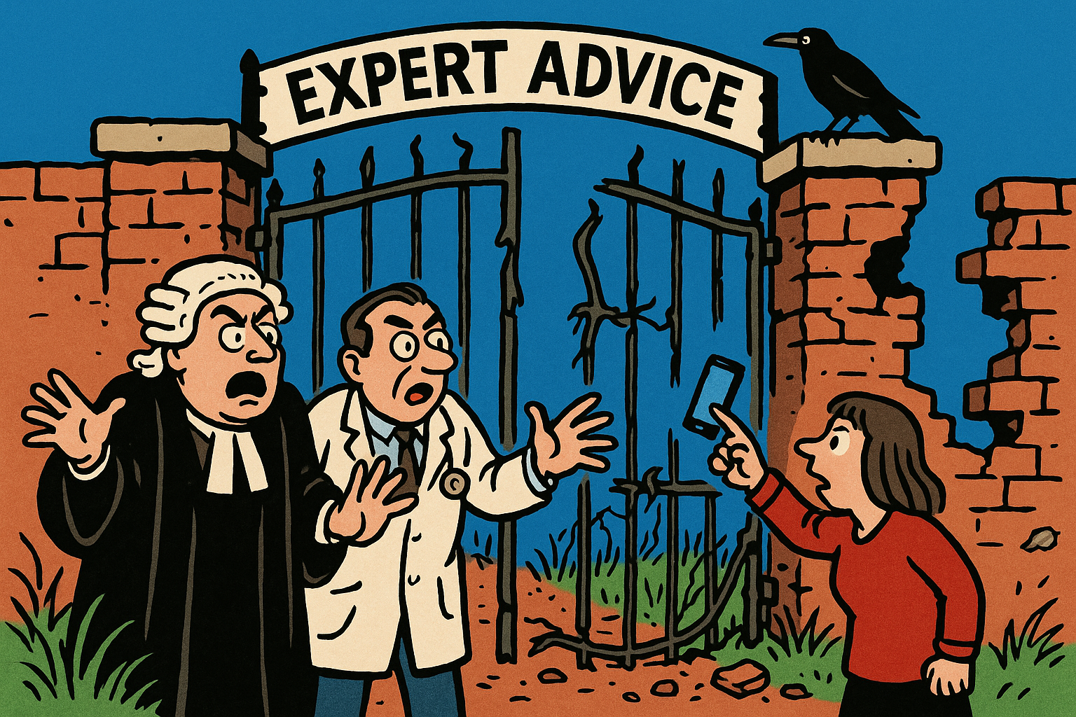Editorial cartoon: a lawyer and doctor blocking a crumbling Expert Advice gate while a woman holds up a smartphone. The wall on either side is already in ruins. A crow watches from above.