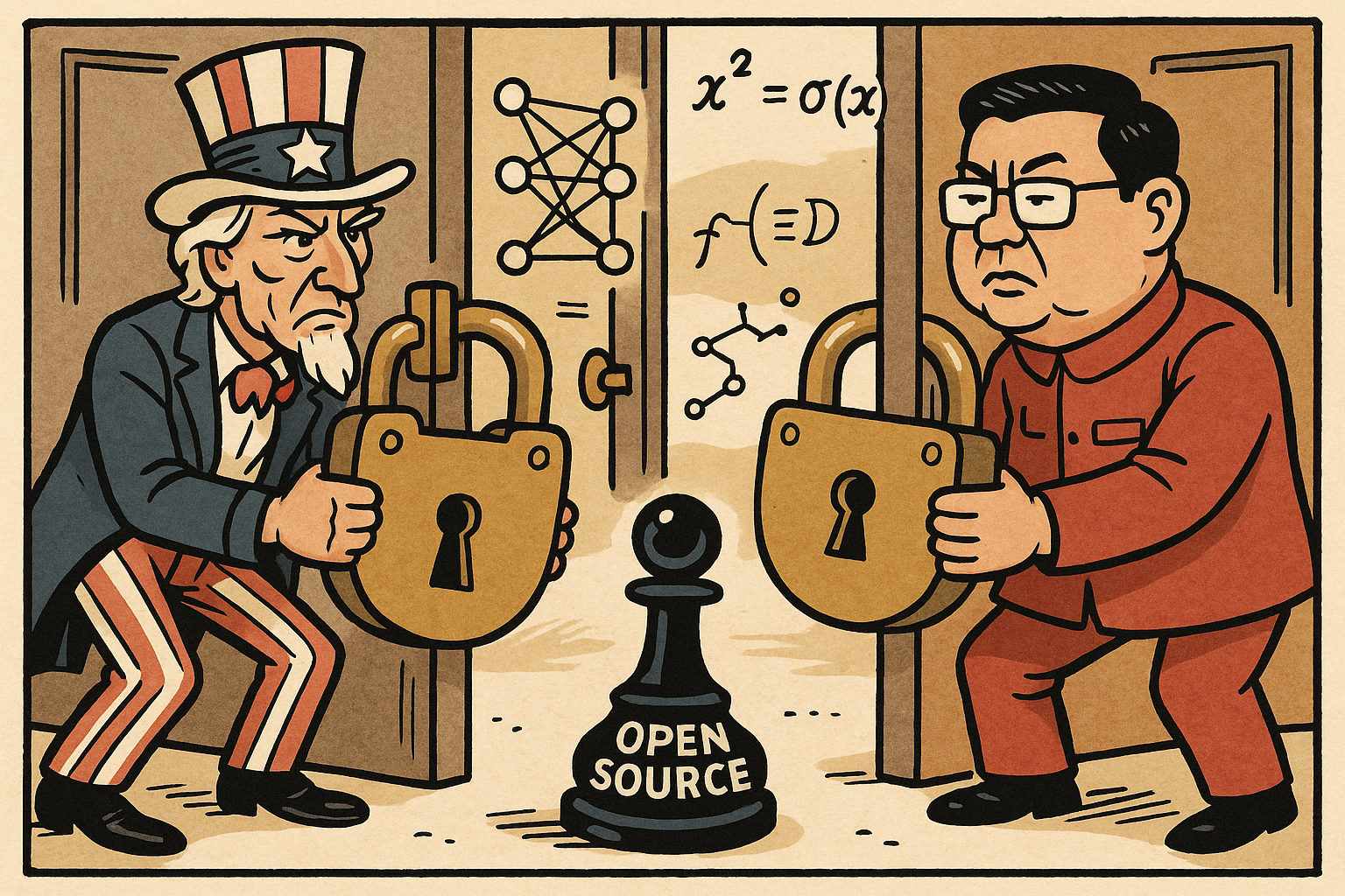 Editorial cartoon: Uncle Sam and a Chinese official both hold giant padlocks, each trying to lock a door that has already been opened from the other side. Mathematical equations float freely through both doors. A smirking chess piece labeled 'OPEN SOURCE' sits in the foreground.