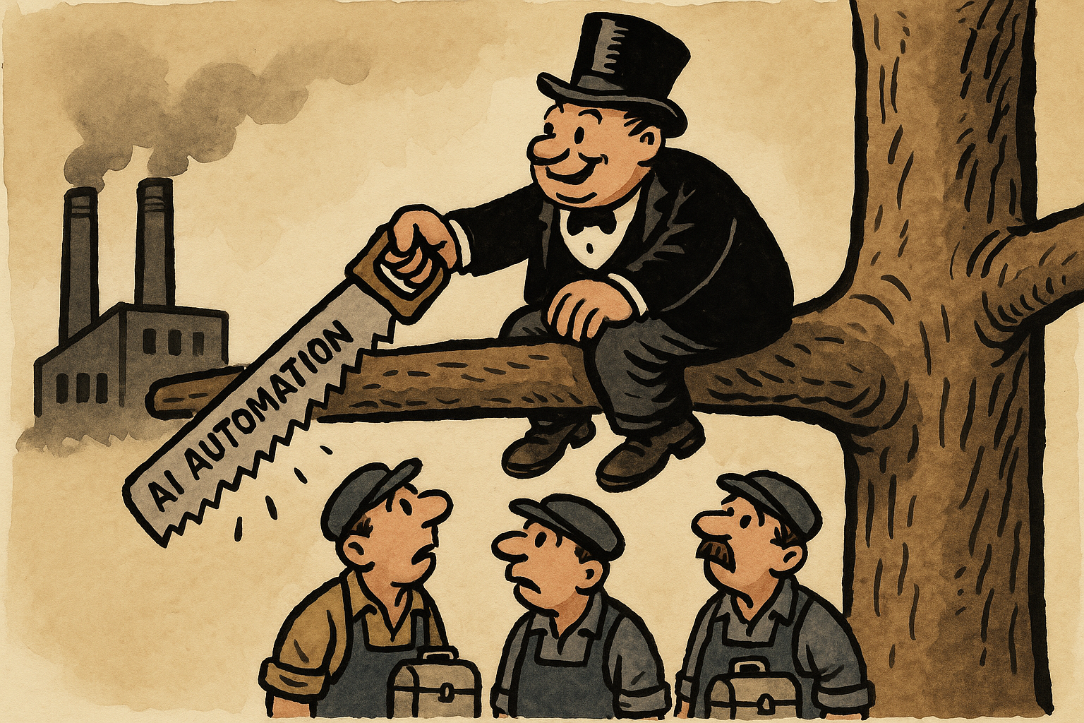 Editorial cartoon of a factory owner sawing off the branch he sits on, while workers below watch