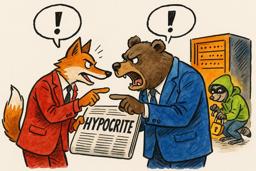 Cartoon of a smug fox and stern bear in suits arguing over a newspaper reading HYPOCRITE, while a raccoon in a hoodie quietly picks a lock on a server cabinet behind them