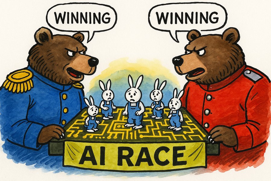 Two bears in military uniforms face off across a chessboard made of circuit boards, with small rabbits and foxes trapped between them