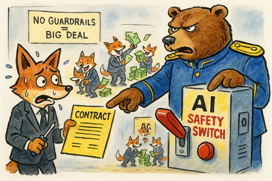 Editorial cartoon of a bear general demanding a fox remove the safety switch from a glowing AI device