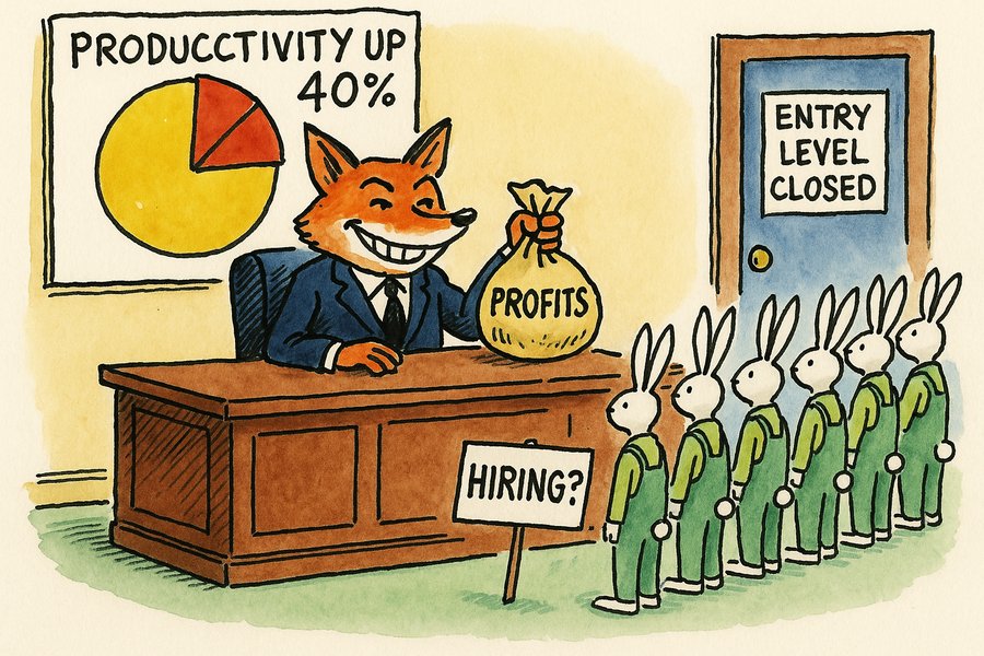 Editorial cartoon: a fox executive with productivity profits while young rabbit workers queue outside a closed 'Entry Level' door