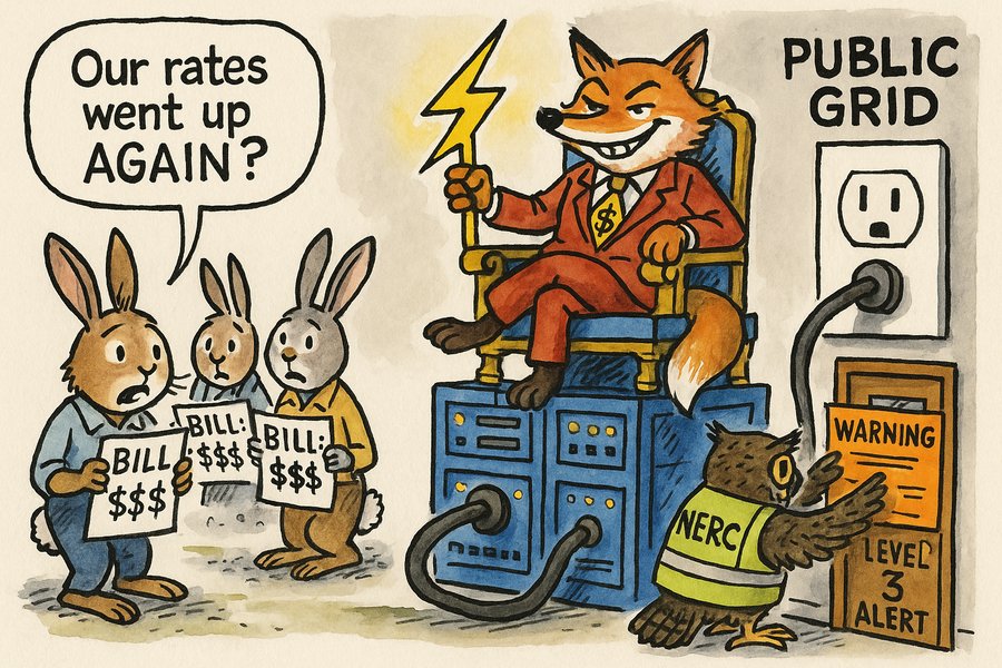 Editorial cartoon: a smug tech fox sits on server racks connected to the public grid while ordinary rabbits get hit with massive electricity bills and an owl inspector posts a Level 3 warning