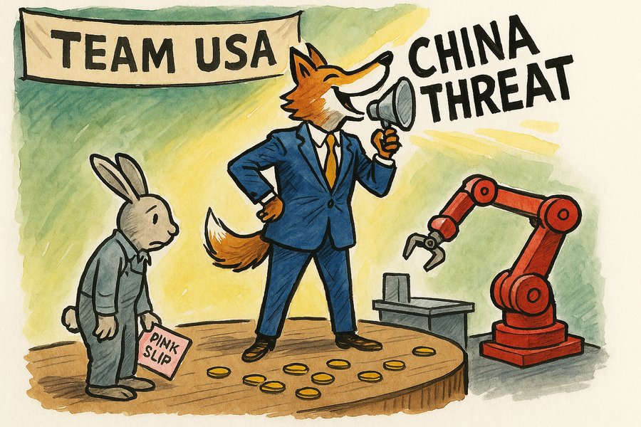 Editorial cartoon: a smug fox in a suit broadcasts the China threat while a rabbit worker is replaced by a robot arm behind him