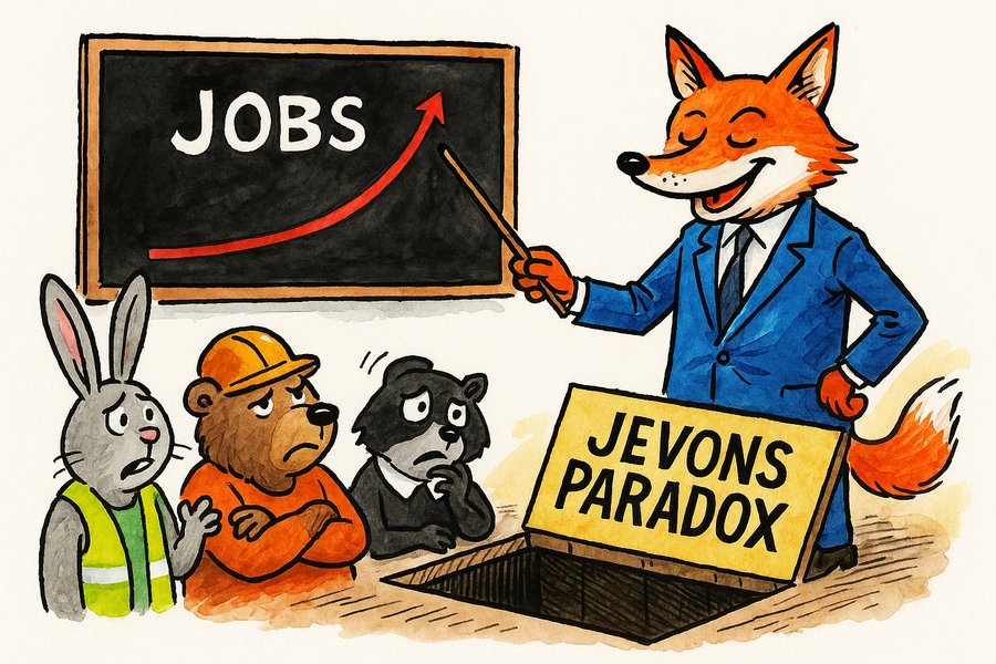 Editorial cartoon: a fox economist at a chalkboard showing an upward curve while bears and rabbits watch with puzzled expressions