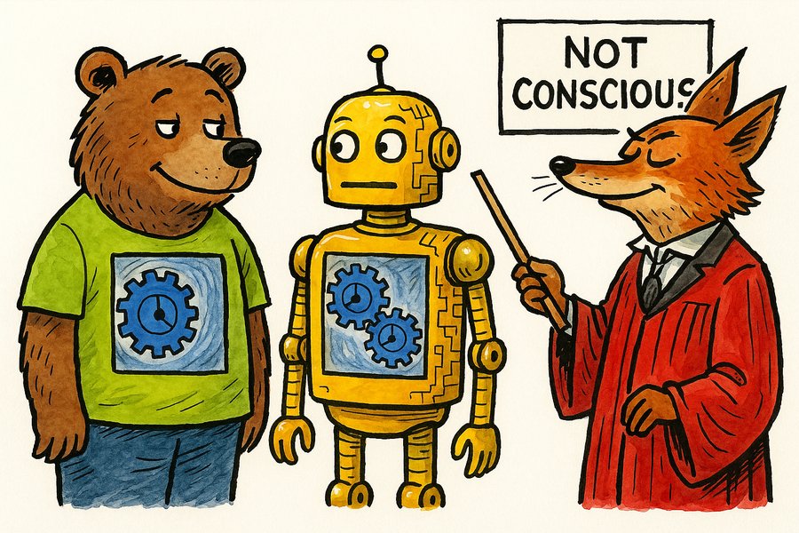 Editorial cartoon: a fox professor points 'NOT CONSCIOUS' at a robot while ignoring identical clockwork gears inside both the robot and a bear standing beside it