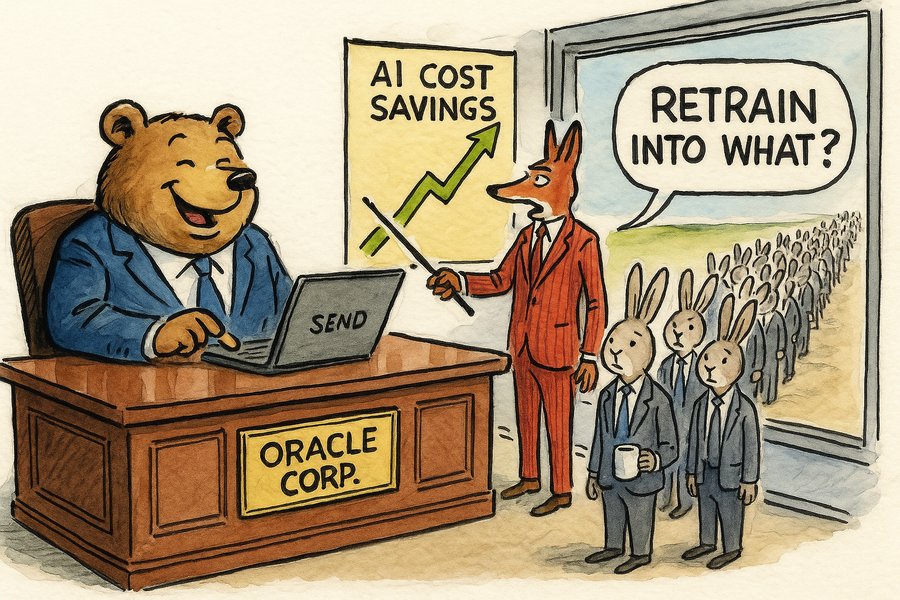 Editorial cartoon of a bear executive sending mass termination emails while foxes in suits point to AI cost savings charts, and a queue of rabbit workers holds small envelopes outside