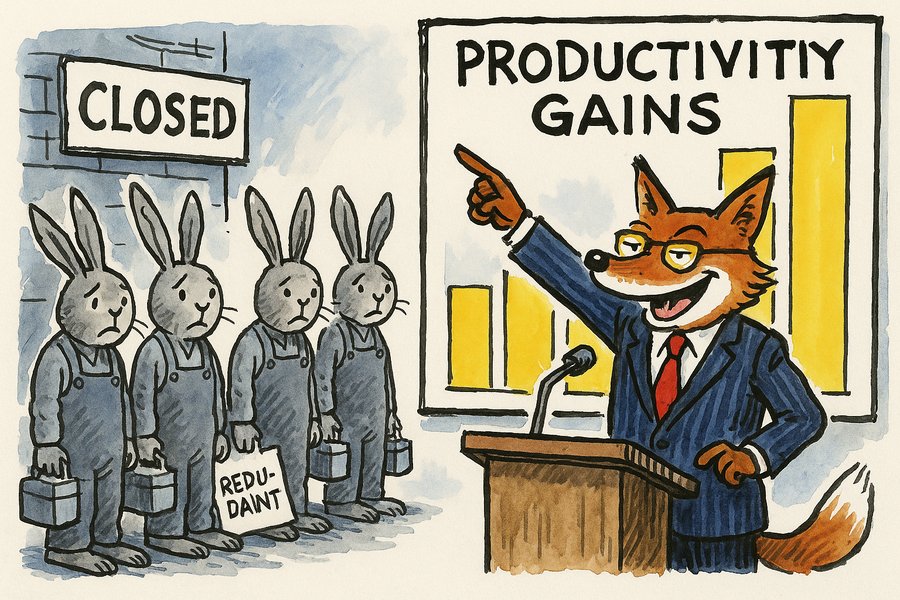 Editorial cartoon of an economist fox in a suit gesturing at a chart while factory rabbits lose their jobs below