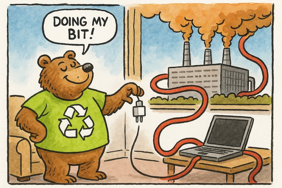 Editorial cartoon: a smug bear unplugs a tiny phone charger while behind them a massive smoking data centre is connected by an enormous power cable to their open laptop