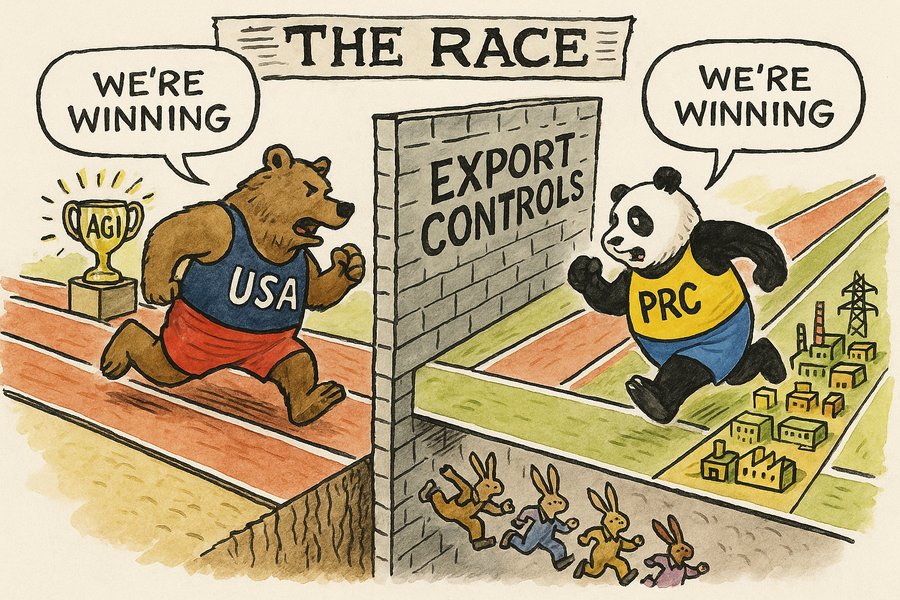 Editorial cartoon: a bear and a panda race on parallel tracks toward AGI and a row of factories, both shouting 'we are winning'